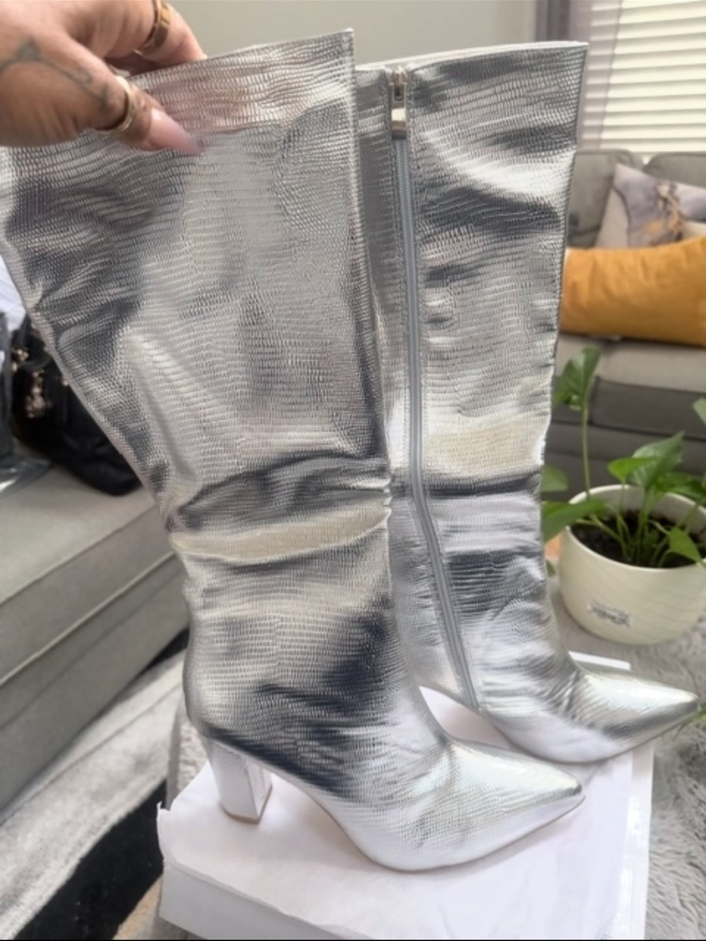Silver Metallic Pointed Toe Mid-Calf Heel Boots - Women - Picture 2 of 7